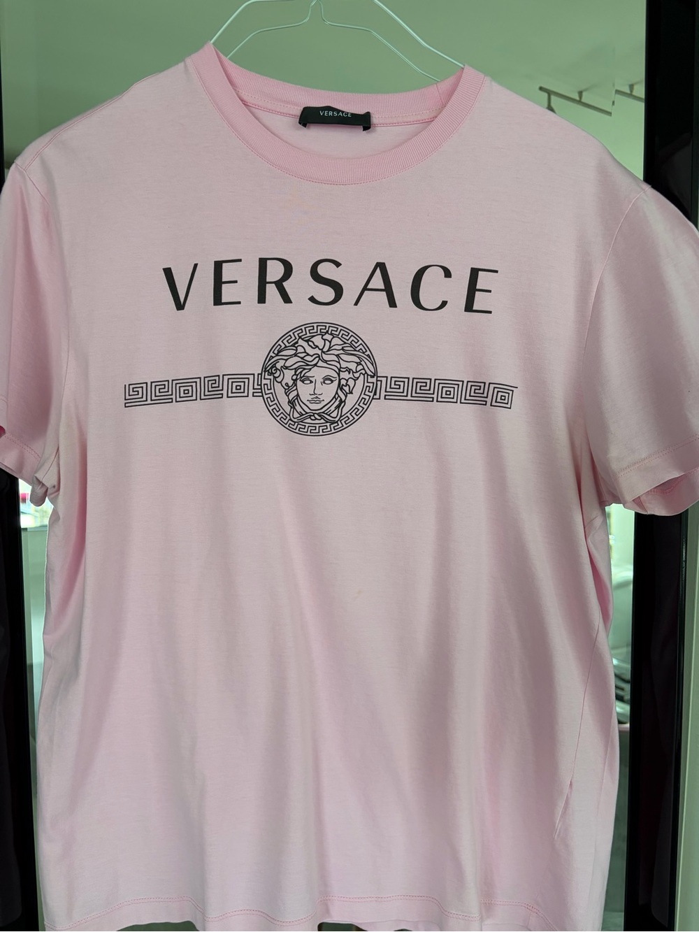 Versace Pink Crewneck T-Shirt with Black Logo and Medusa Motif
